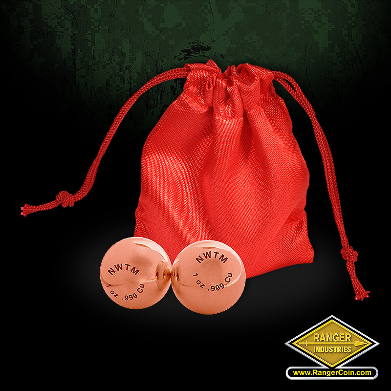 Pair of Solid Copper Balls with Silk Purse